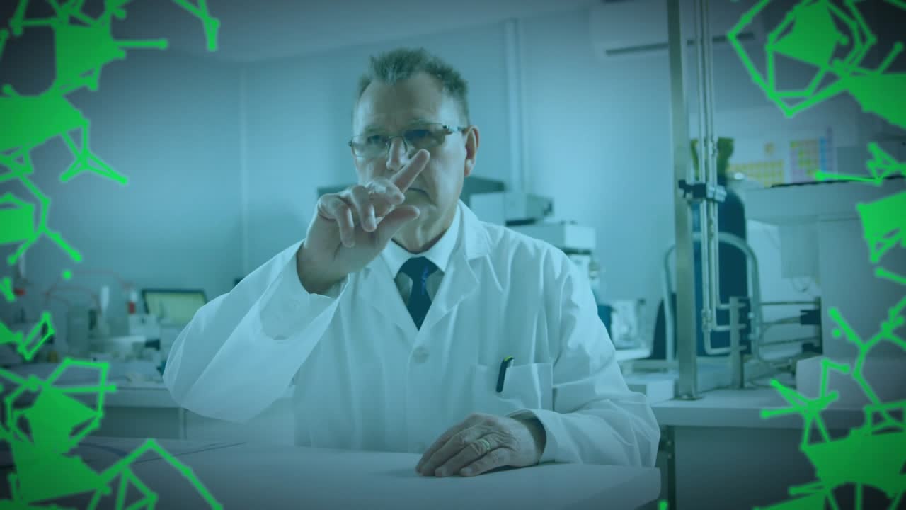 Senior male scientist starting green overlay by pointing, pinching at camera and resizing chart