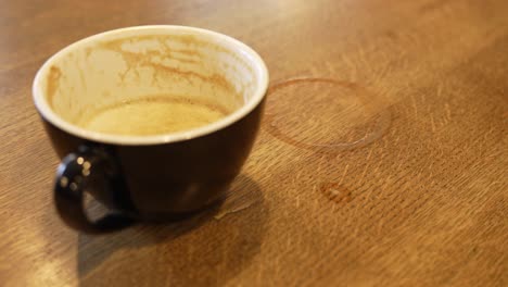 half empty cup of coffee on table with coffee stain next to it, dolly out