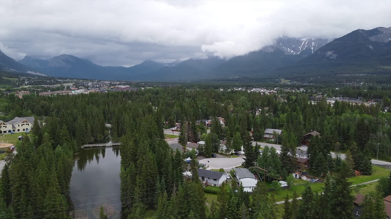 Drone shot of Canmore, AB a mountain town in Rockies
