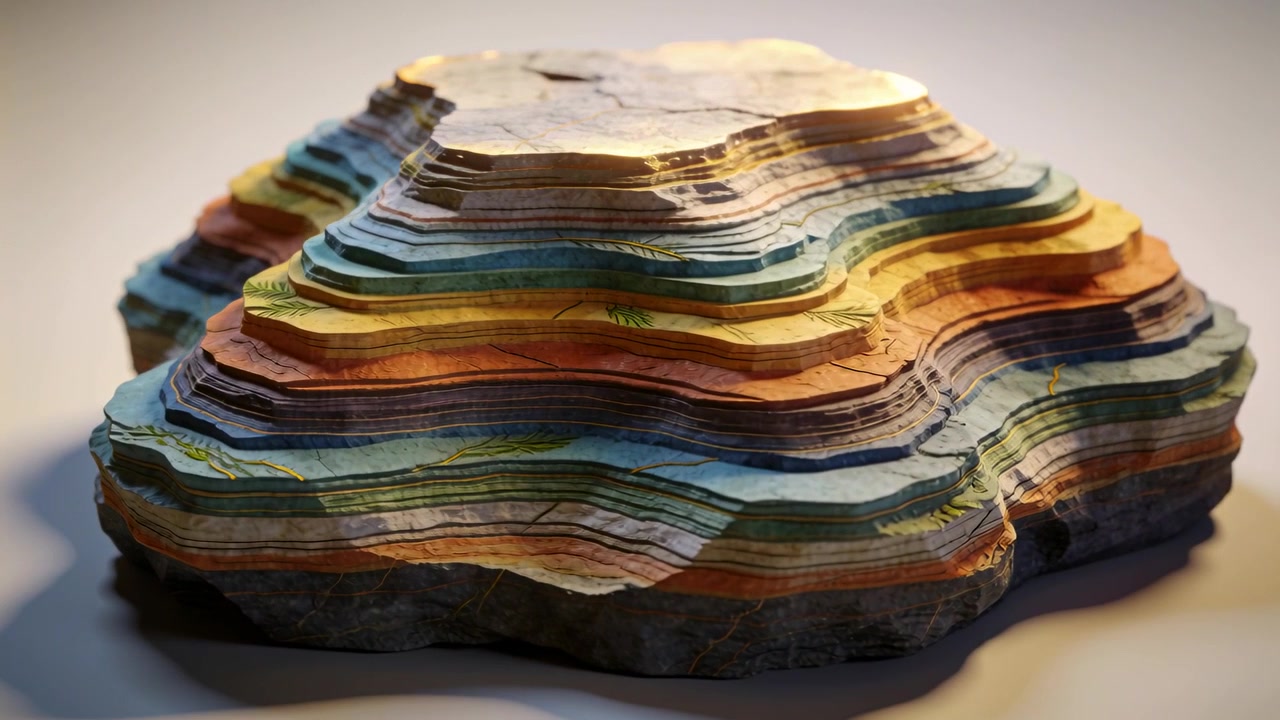 Panning camera warming top-right light revealing stacked terraced model on tabletop showing depth