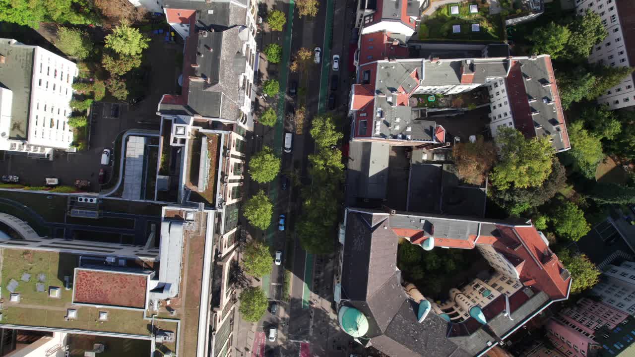 Overhead downward aerial of neighborhood in Berlin, Germany with Bavarian architecture