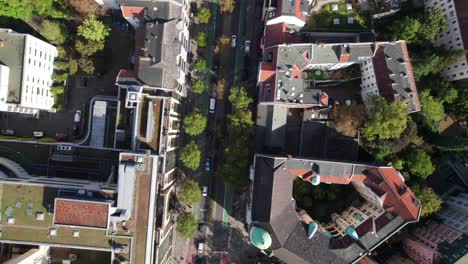 overhead downward aerial of neighborhood in berlin, germany with bavarian architecture