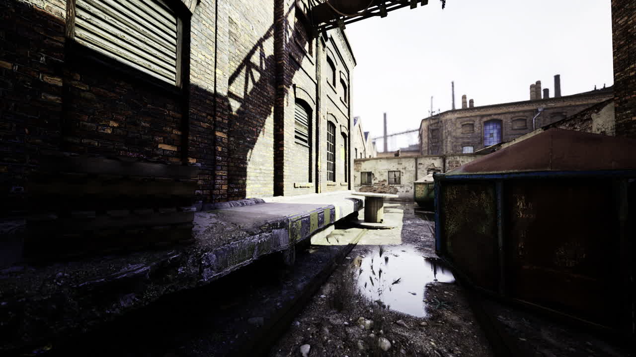 Exploring the abandoned industrial alleyway bathed in sunlight and shadows