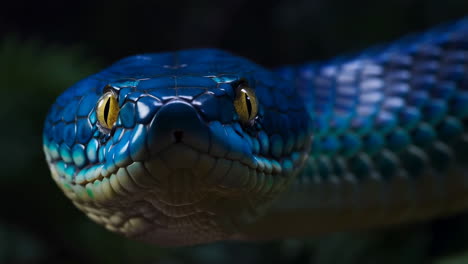 close-up of a striking blue snake with yellow eyes