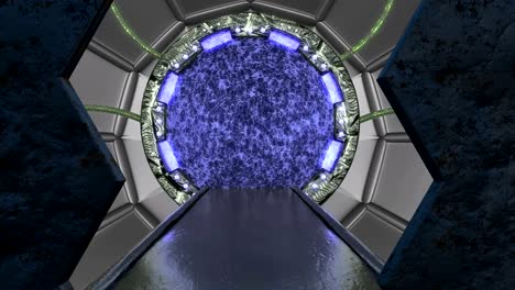 panoramic view to the station landscape scene. 3d abstract background of sci-fi corridor with portal. futuristic technology abstract seamless vj for tech titles and background.