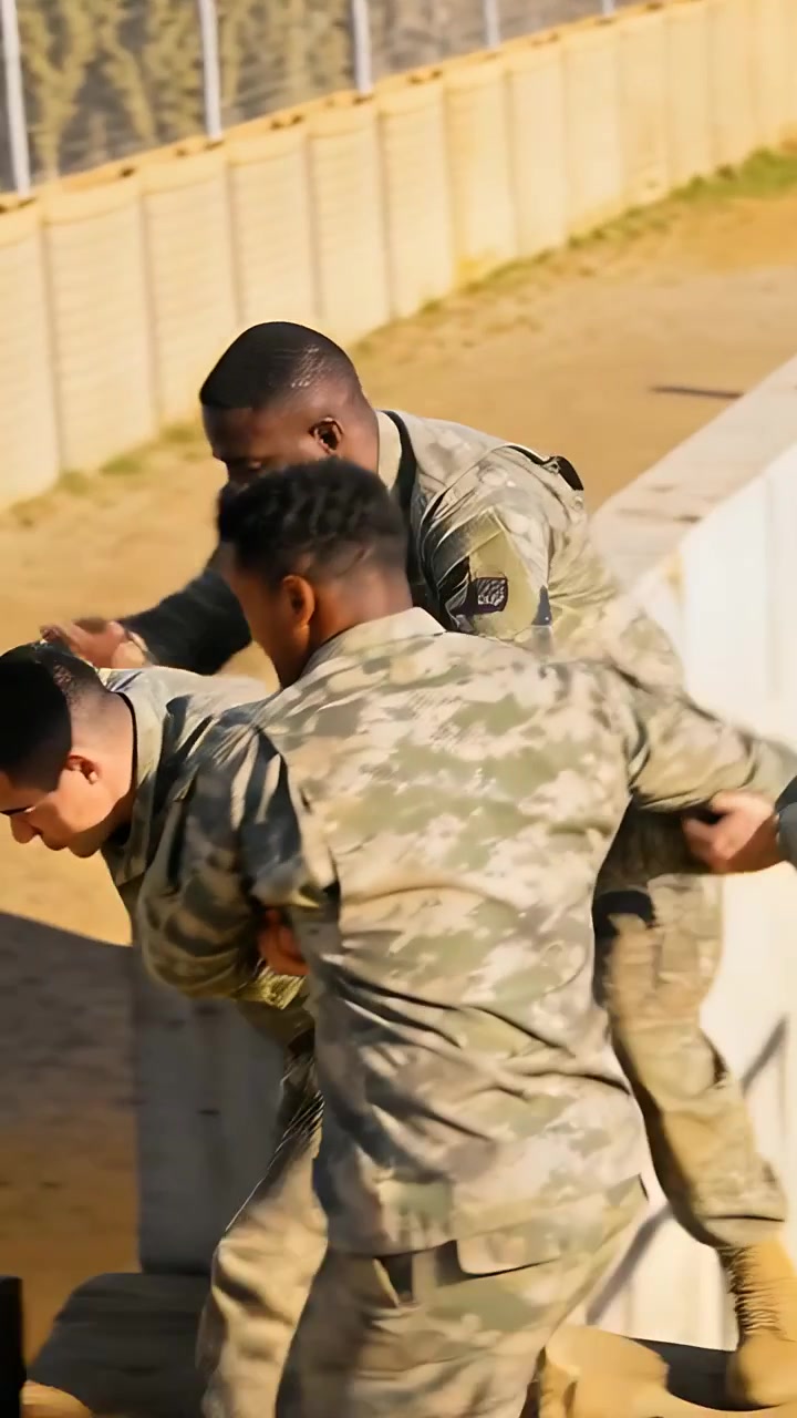 Vertical video: Pulling teammate up, camo soldiers lifting him over obstacle course wall for drill