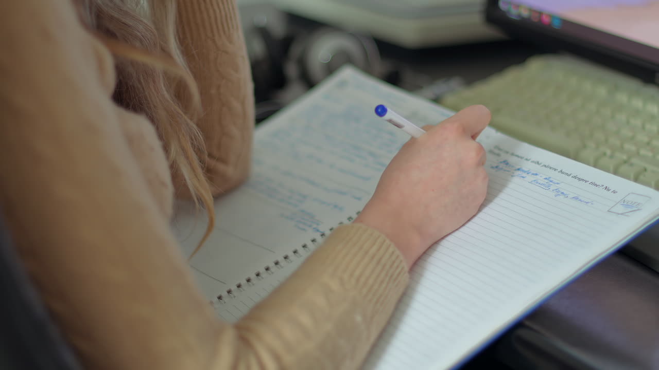 A person sits at a desk, focused on writing in a notebook next to a computer. The study area is warm and inviting, filled with books and notes