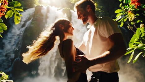 couple in love by a waterfall in a tropical rainforest