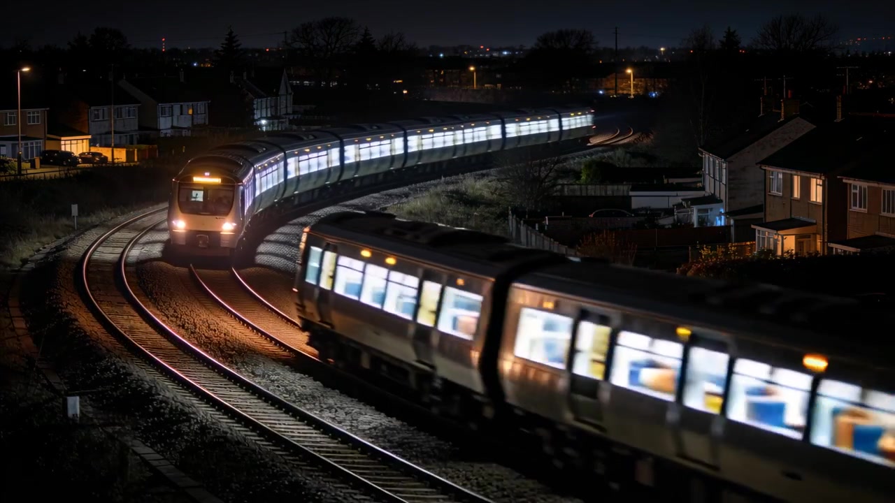 Faro che gira una curva, treno che avanza oltre case suburbane di notte, finestre illuminate che riflettono.