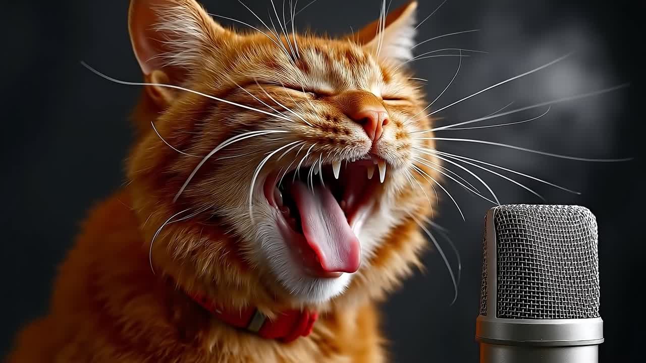 A cat yawning while singing into a microphone