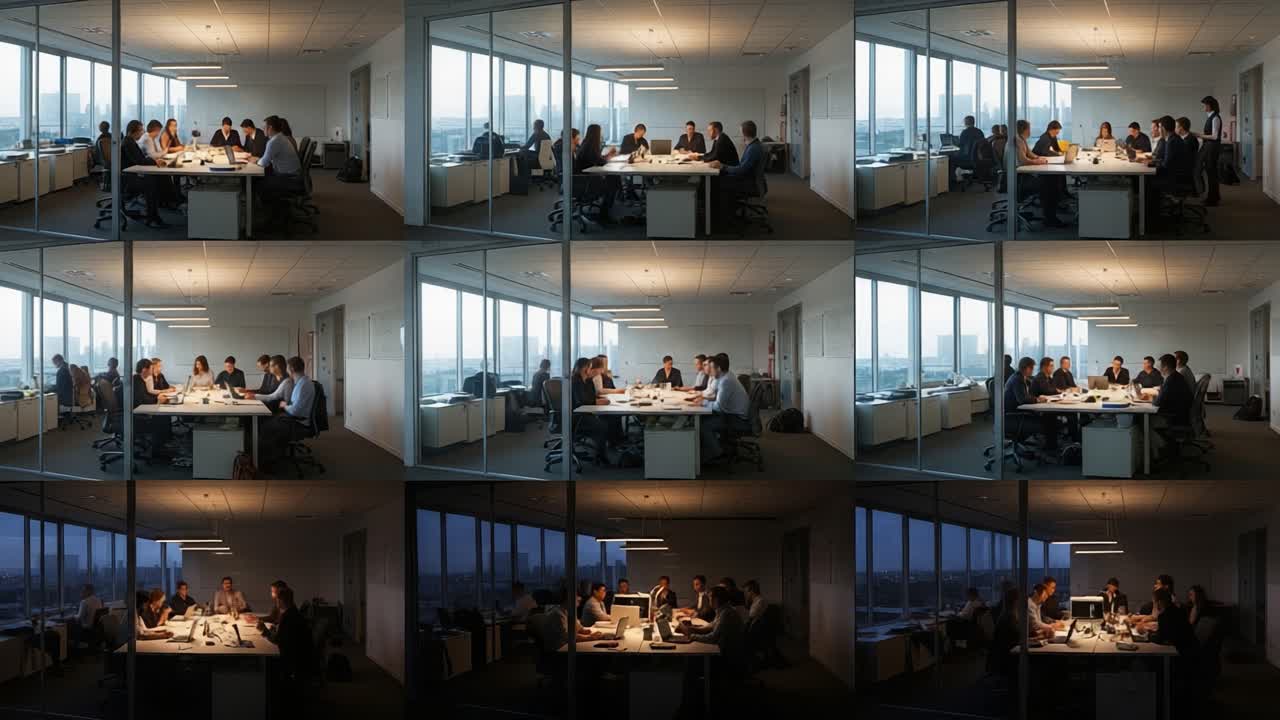 Group Collaborative Meeting in Office Space Transitioning from Daylight to Evening, Highlighting Team Dynamics and Engagement in a Professional Environment