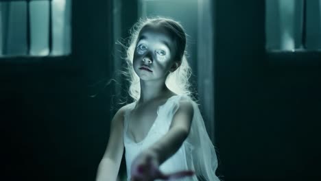 a young girl in a white dress appears to be a ghost in a dark room