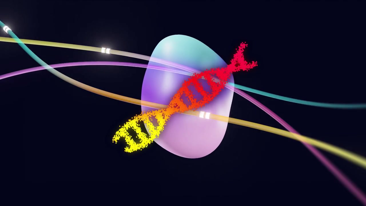 Orb pulsing, puffs forming rotating double helix over orb as ribbons drifting, showing data