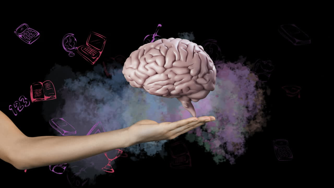 cerebro girando sobre una mano contra los iconos del concepto de la escuela y la nube de humo