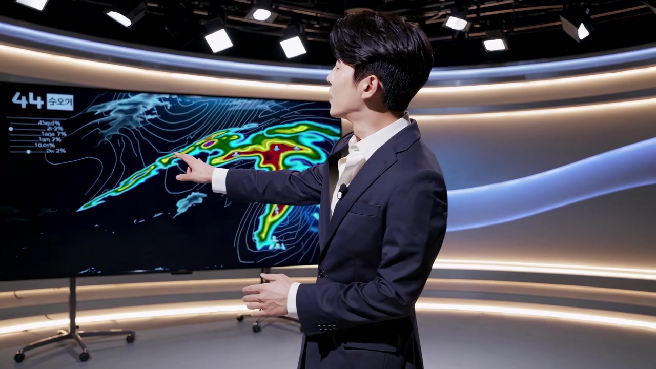 Weather Forecaster Presenting Meteorological Data in Television Studio