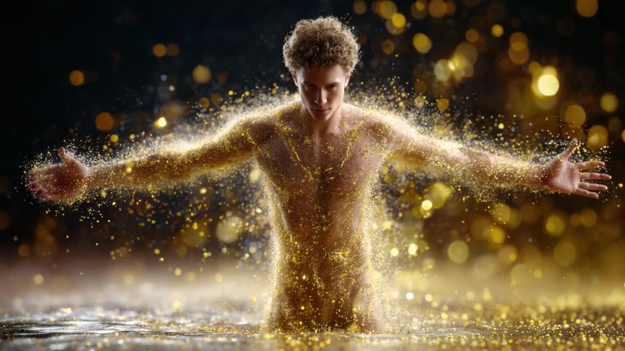 A mesmerizing transformation unfolds as golden sparkles envelop a figure, creating a stunning visual narrative of beauty, strength, and ethereal magic within a watery embrace