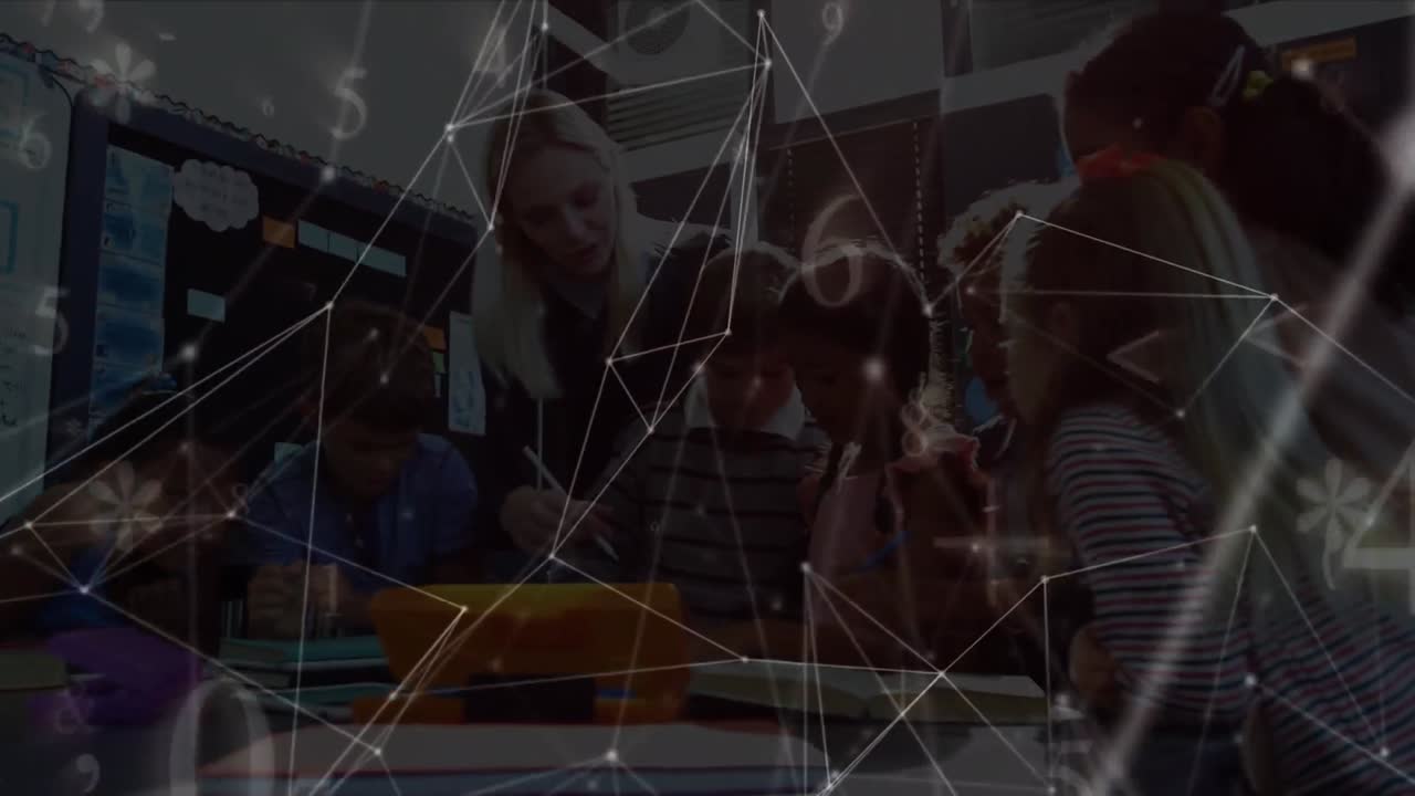 Animation of networks of connections and numbers over diverse schoolchildren and teacher