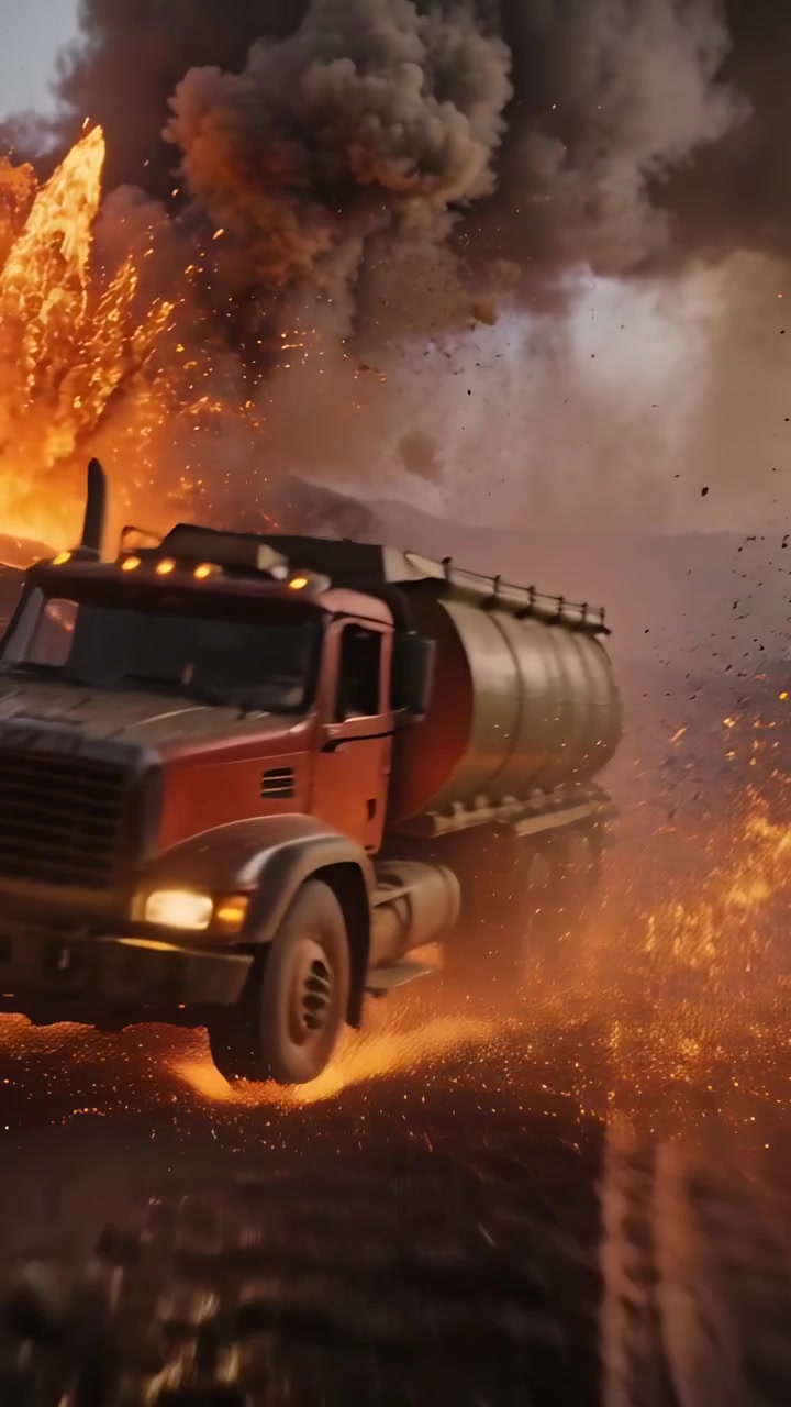 Vídeo vertical: Caminhão-tanque vermelho dirigindo, fugindo da lava pela estrada, erupção expelindo cinzas, espaço para texto.