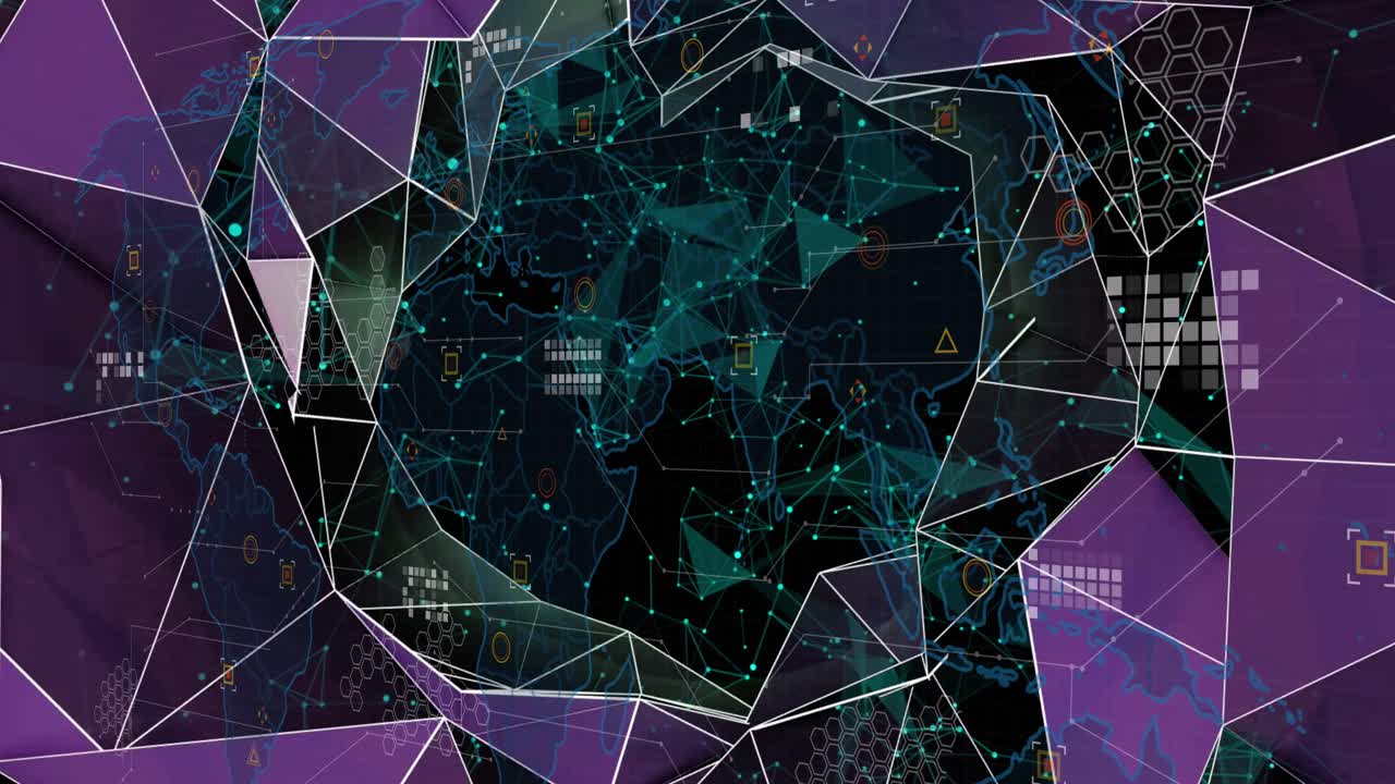 Animation of shapes, connections and icons over black background