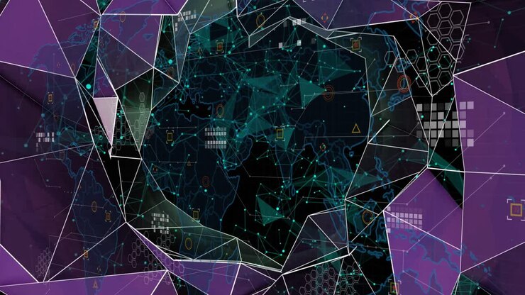 Animation of shapes, connections and icons over black background