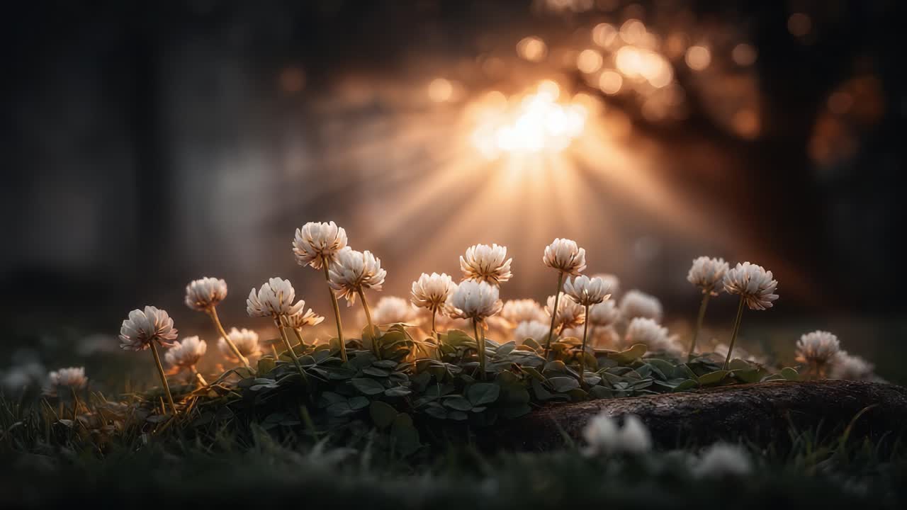 A Serene Display of White Clover Flowers Illuminated by Golden Sunlight in a tranquil Forest Setting, Capturing the Beauty of Nature’s Glow