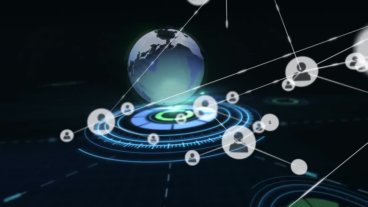 블랙 배경에 전 세계 연결 네트워크의 애니메이션과 범위 스캐닝