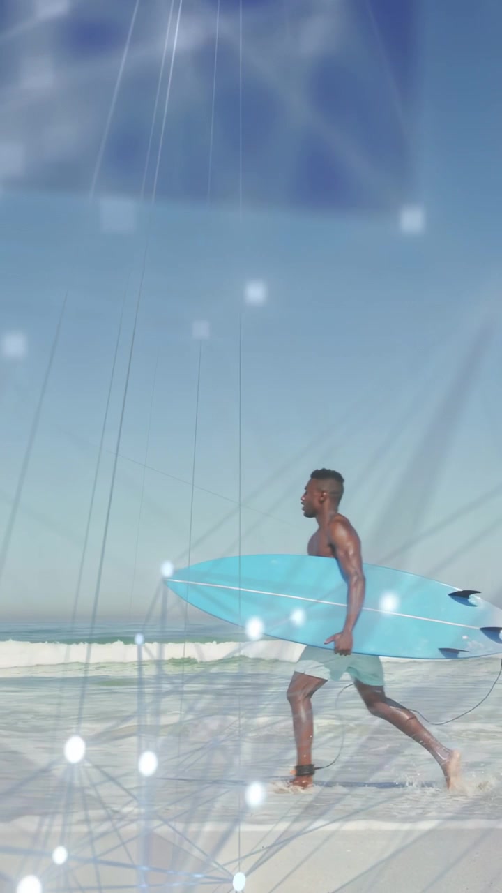 Vertical video: Surfer running into surf upon board tip appearing, network overlaying him to surf