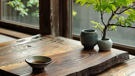 tranquil still life with tea bowl and potted plant by a window