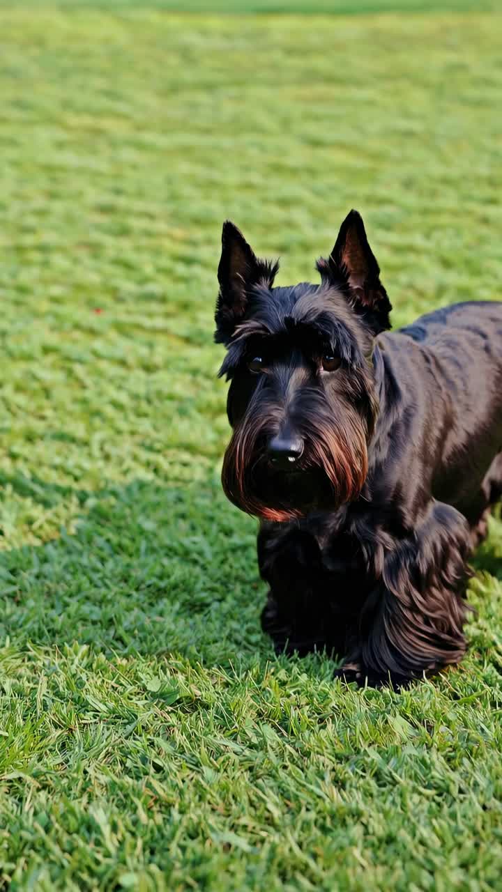 Low-angle video shot of a Scottish Terrier on grass, capturing its curious expression and shiny
