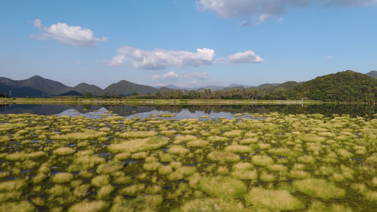 Droneoptagelse over sø med flydende vegetation og fjerne bjerge