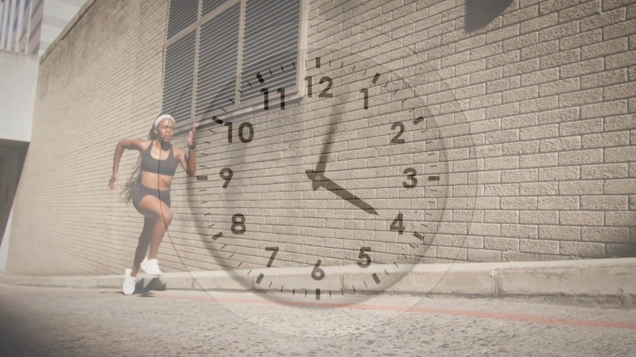 Animation of clock ticking over woman running in city