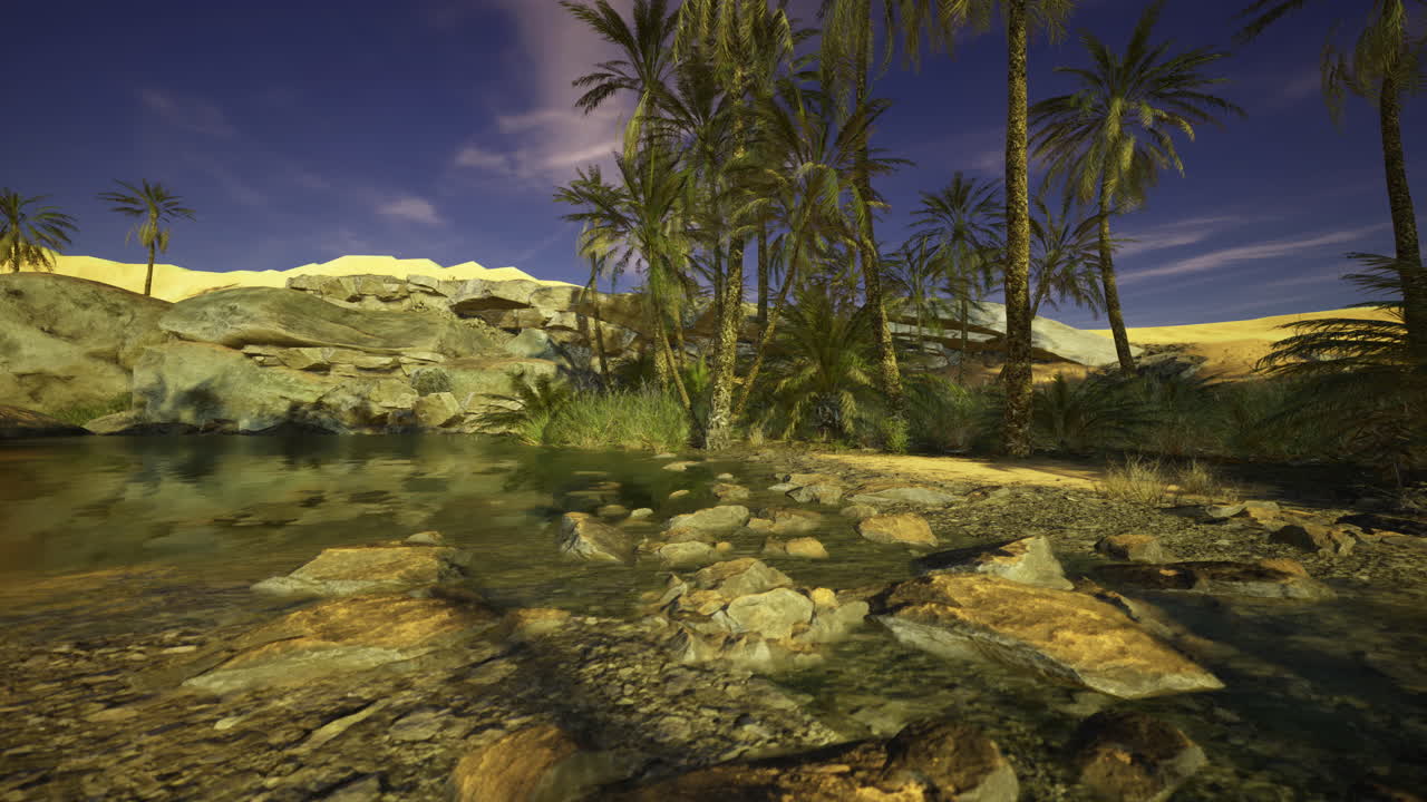 Le palme e l'acqua tranquilla creano un'oasi serena nel paesaggio desertico