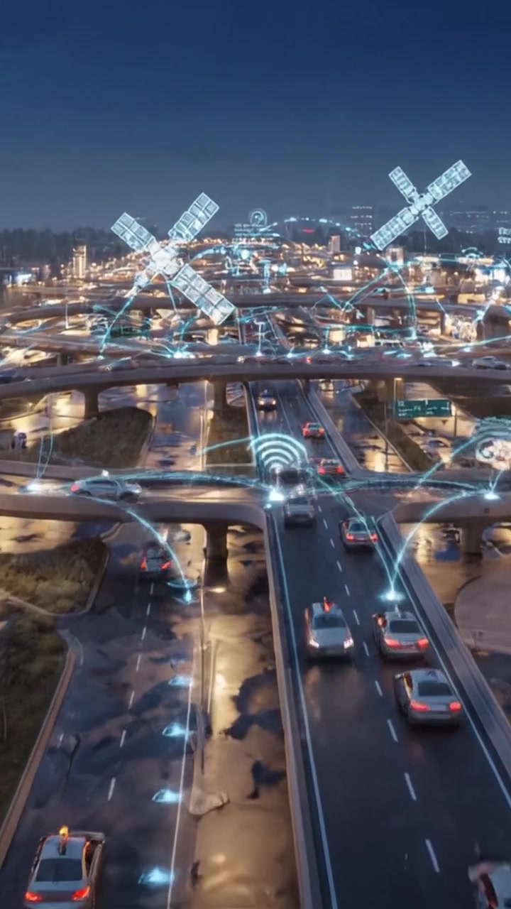 Vista aerea di un paesaggio urbano futuristico con strade illuminate, traffico intenso e tecnologia avanzata integrata in un ambiente cittadino moderno
