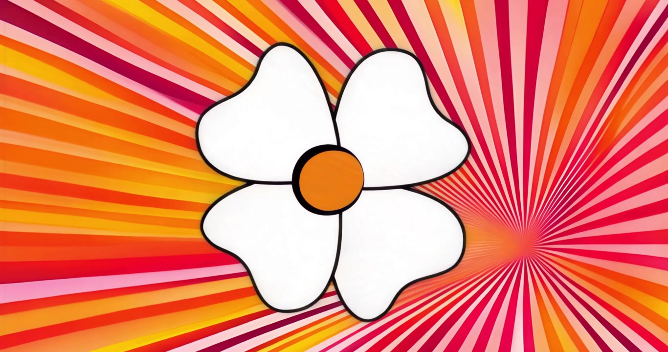 Bloem laadt en draait met de klok mee tegen een zonnestraal achtergrond, wat een vloeiende beweging toont