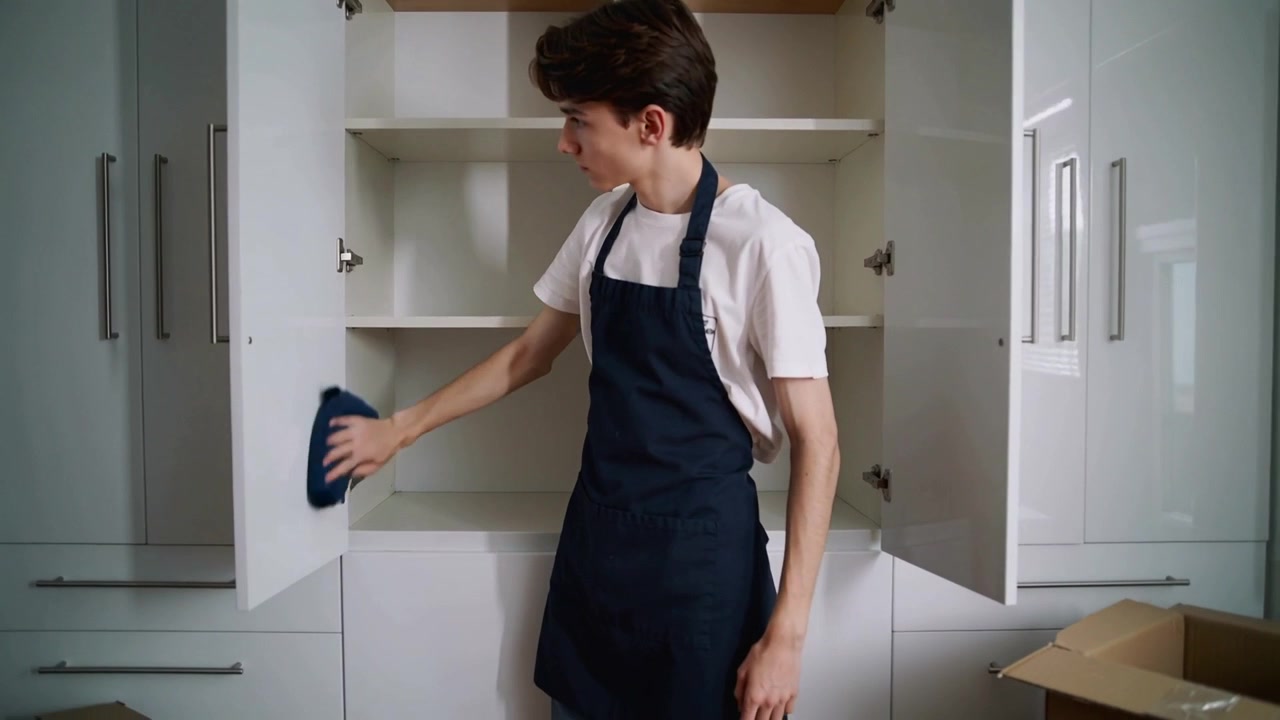 Adolescente con maglietta bianca e grembiule che pulisce, tenendo uno straccio, mentre pulisce un armadietto in cucina e disfa gli scatoloni