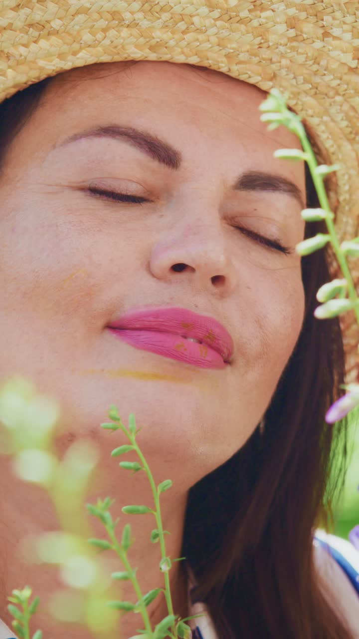 A Tranquil Moment in Nature: A Woman Embraces the Fresh Essence of Life Surrounded by Greenery and Natural Beauty Under the Sunlight