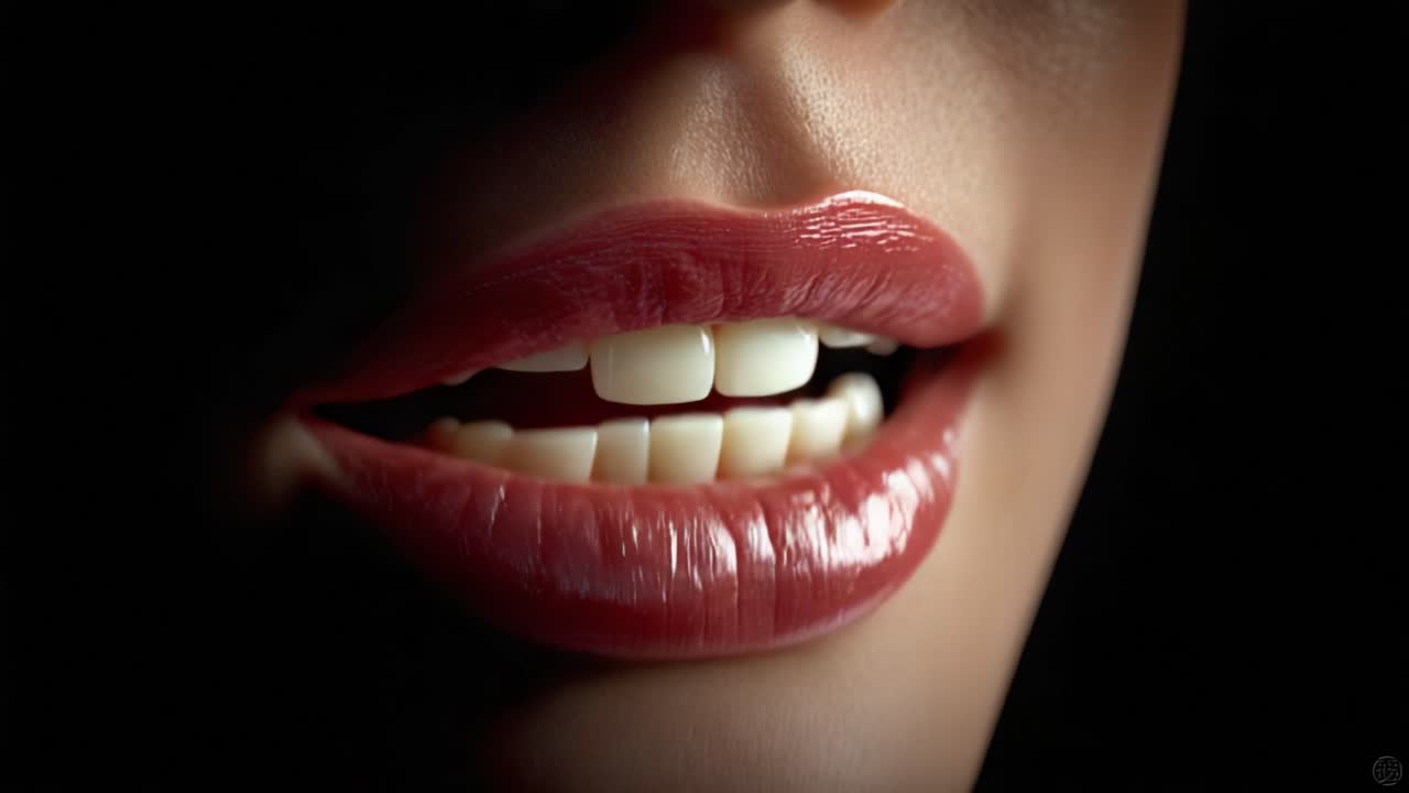 Aesthetic Close-Up of Glossy Lips Against a Dark Background Capturing the Subtle Beauty and Texture of a Pair of Full, Luscious Lips in Soft Lighting