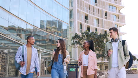 students, friends and happy on walk at college