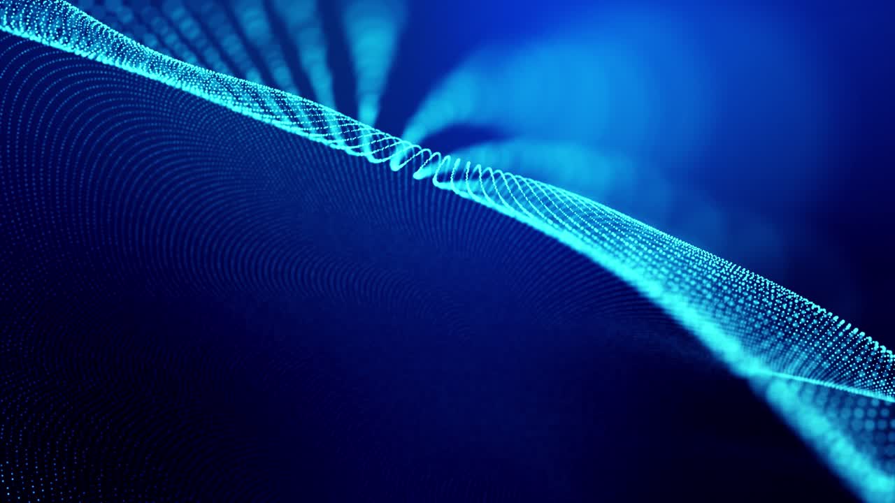 loop 4k sfondo astratto di particelle luminose forma linee, superfici come paesaggio futuristico nel cyberspace o ologramma. tema sci-fi di microworld, nanotecnologia o spazio cosmico. corde blu 2