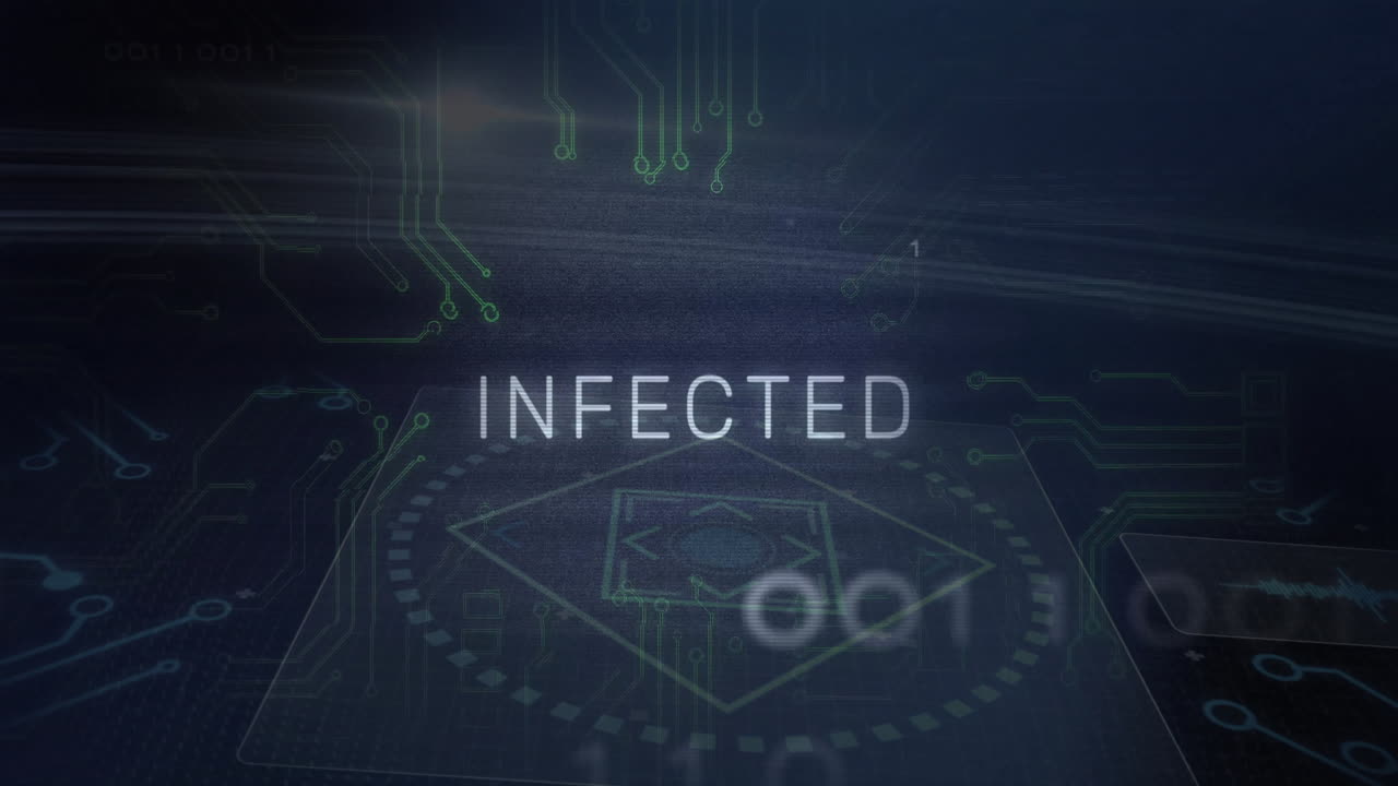 INFECTED text pulsing over dark grid layout, displaying flat design circuit nodes and binary code