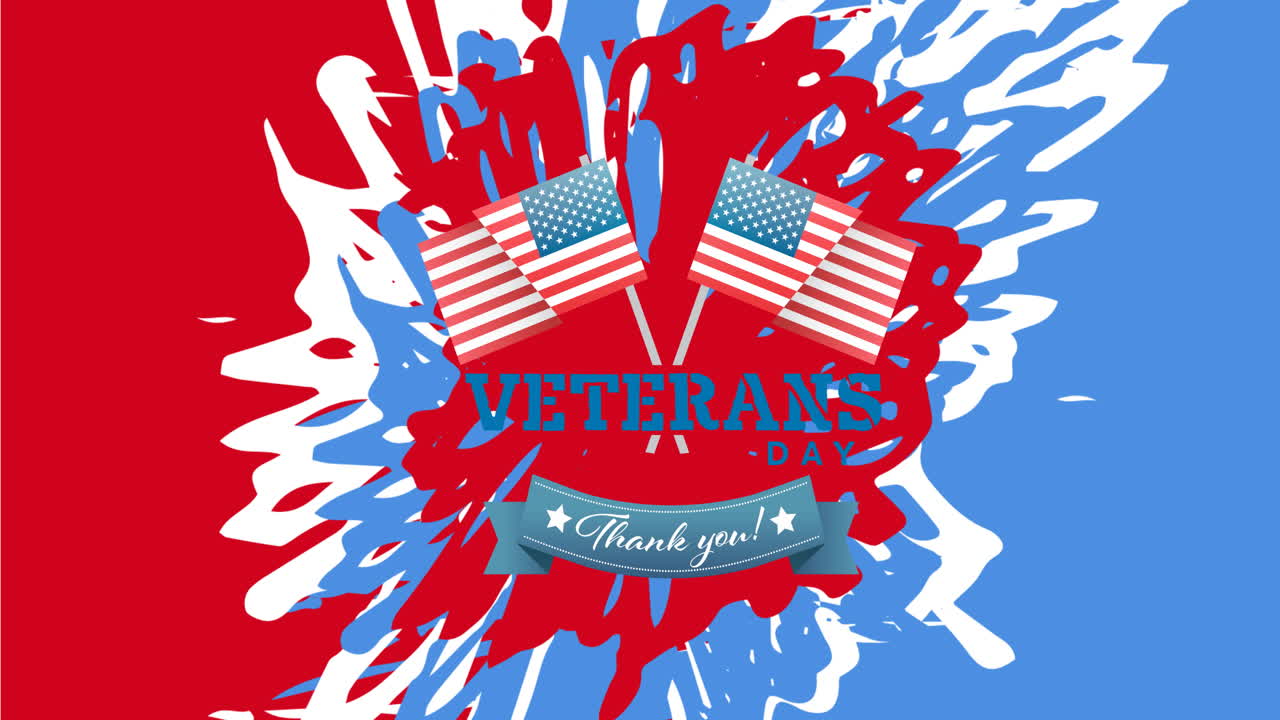 Animation of veterans day text over splash of american flag