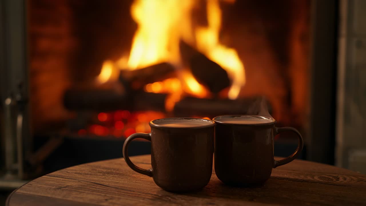 Crackling logs with dancing flames behind ceramic mugs on wooden table in living room, steam rising