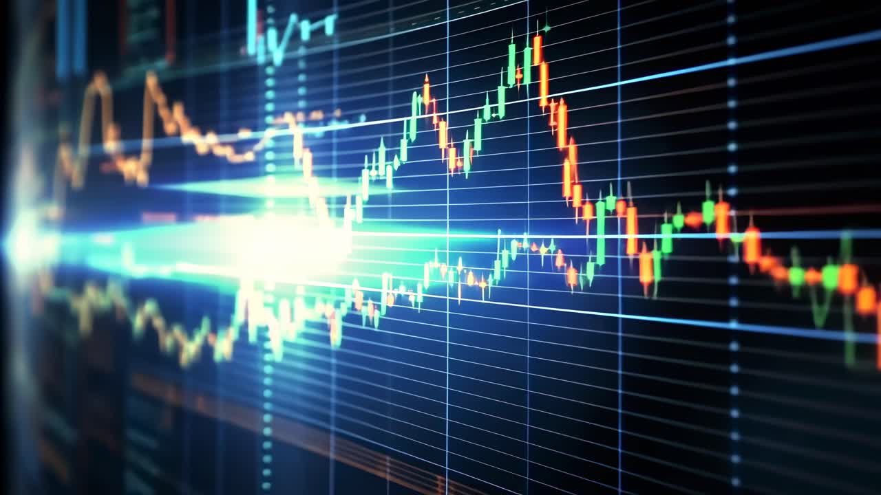 Video dinamico di un grafico del mercato azionario con uno stile luminoso e futuristico