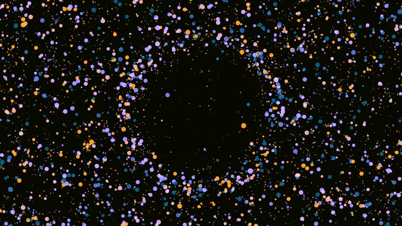 다채로운 점은 검은 바탕에 원을 만니다. 애니메이션. 무작위적으로 움직이는 색의 점의 배경은 검은 배경의 중앙에 원을 만들어 줍니다. 입을위한 중심을 가진 점의 축제 색.