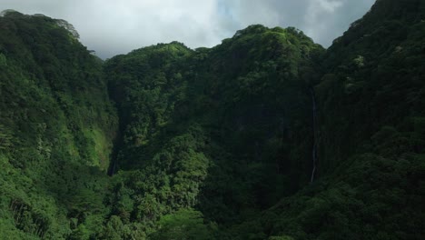 faarumai waterfall falls tahiti french polynesia aerial drone vaimahuta fall tiarei faarumai valley hitiaa o te ra beautiful pool watershed picturesque river cascades made trees forest jungle upward