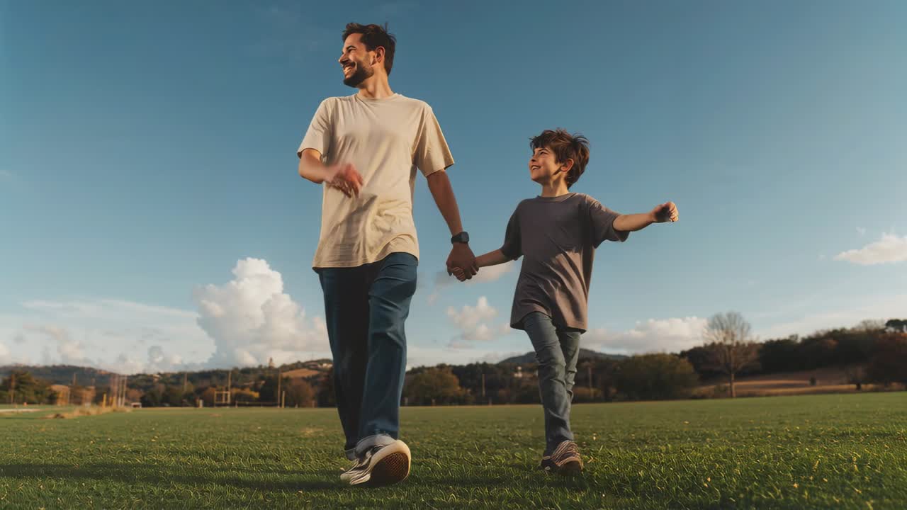 Padre e hijo caminando tomados de la mano y sonriendo a través del césped, con la cámara siguiéndolos, y sus zapatos y reloj visibles.