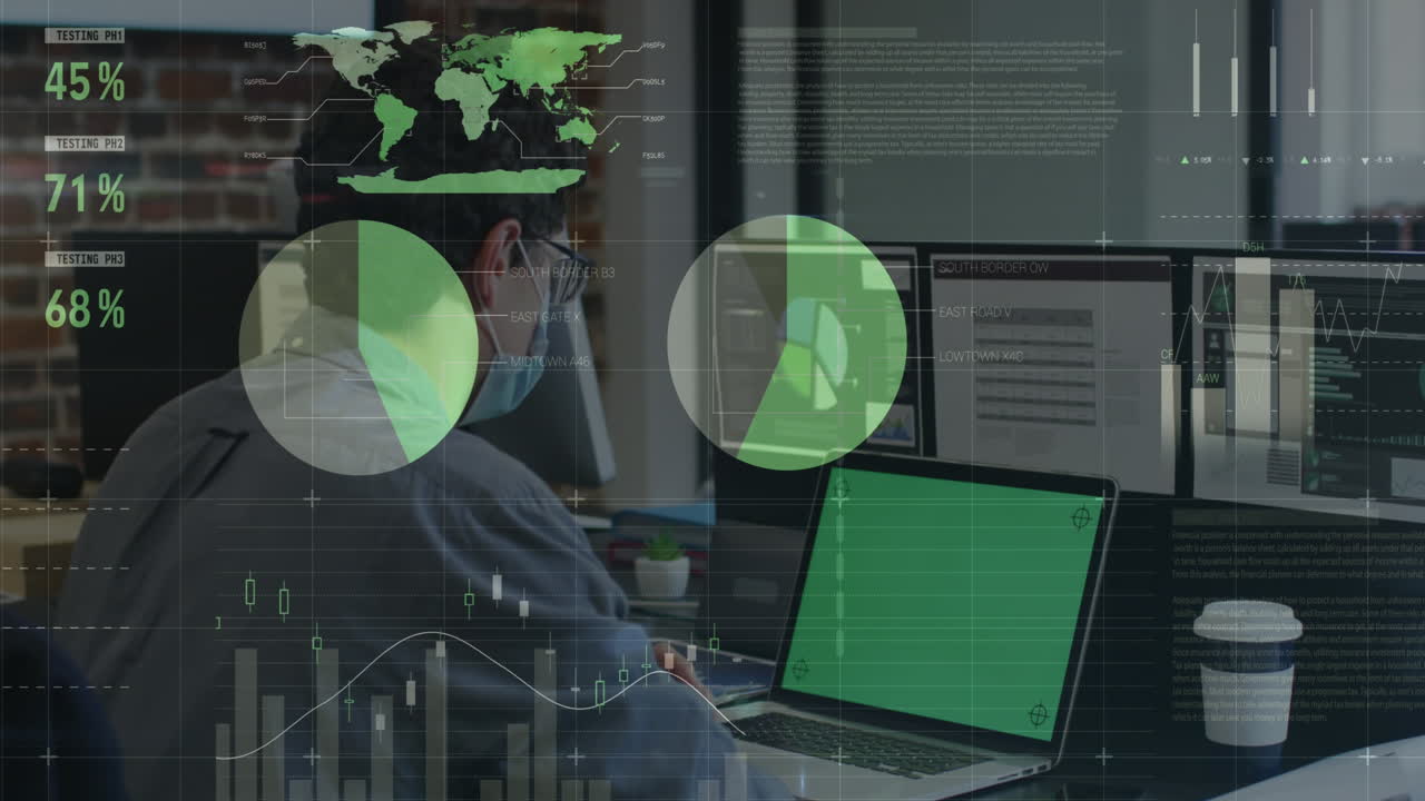 animación del procesamiento de datos financieros sobre un hombre de negocios con máscara facial