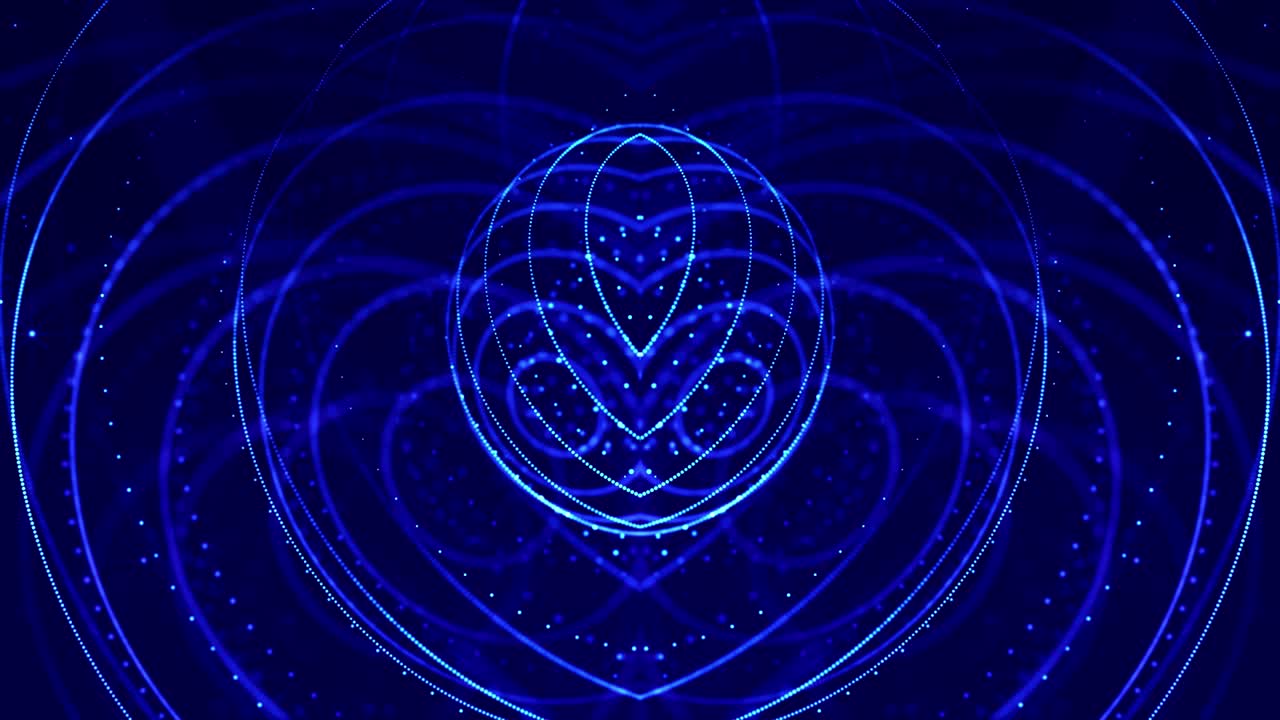 빛나는 파란색 입자는 마이크로 월드 또는 우주 공간과 같은 대칭 구조의 선을 형성합니다. 4k 루프 sf 3d 추상적인 배경, 휴가 프레젠테이션, 의식, vj 루프 모션 디자인.