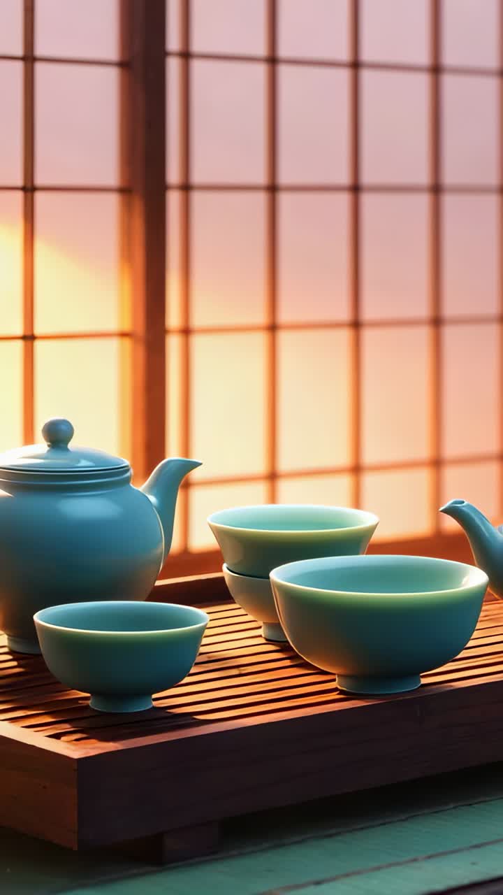 Vertical video: Intensifying sunlight in tea room, shifting across teapot and cups on tray