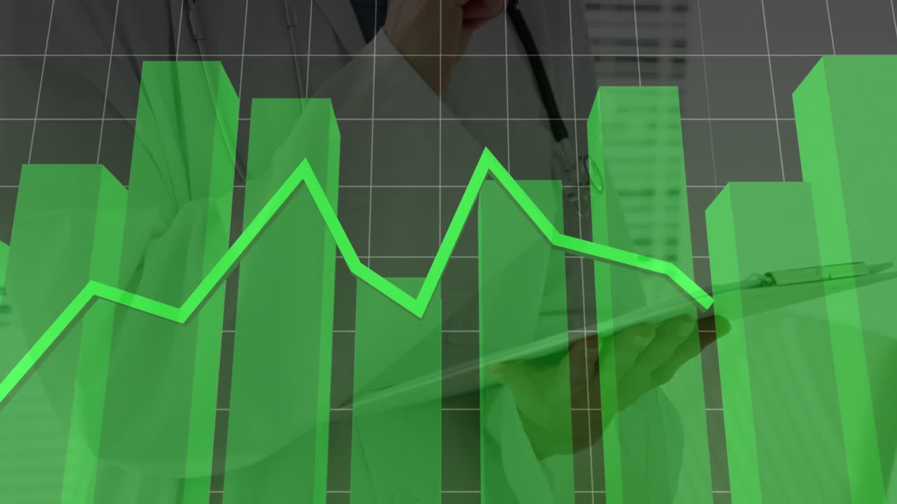 Animation of diagrams over caucasian male doctor writing on clipboard